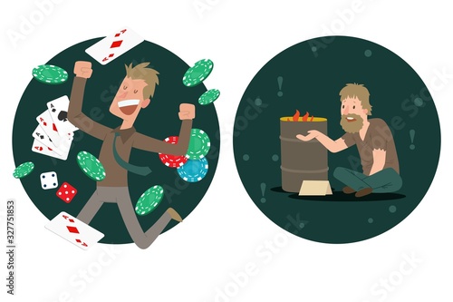 Jackpot winner compared to homeless man, rich and poor people cartoon characters, vector illustration. Happy guy celebrating victory in casino gambling. Unemployed beggar on street lost everything