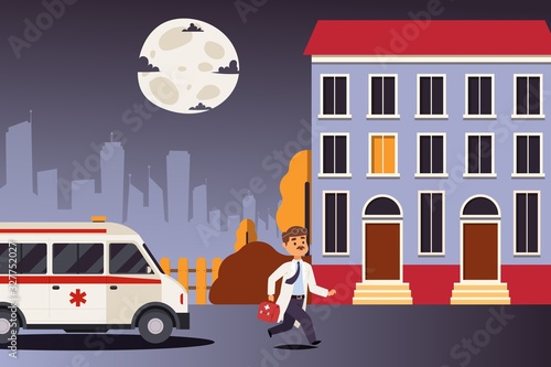 Ambulance doctor hurries to emergency call at night, first aid healthcare service, vector illustration. Man cartoon character, medical specialist running to city house, help assistance. Flat style