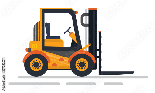 Cargo vehicle, warehouse loader transportation, equipment for goods. Side view of yellow machine distribution boxes, delivery sign, factory vector