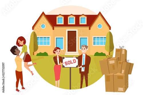 Real estate property, happy couple buying new house, people cartoon characters, vector illustration. Man and woman moving to modern cottage, broker agency successful manager. Residential building flat