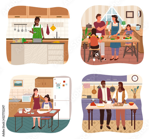 People cooking together in kitchen. Smiling man and woman in apron preparing dish at home. Happy couple and parents with children standing near table or stove with vegetables or dough vector