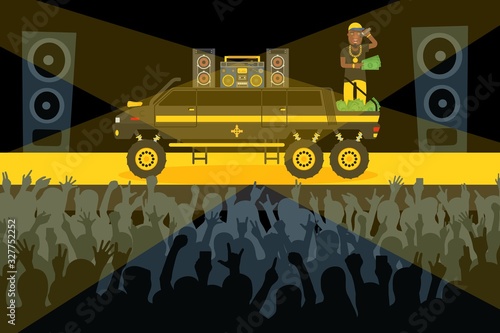 Rap concert performance, limousin on stage, man cartoon character, vector illustration. Crowd in nightclub, silhouettes of cheering people. Festival party modern music celebrity, car with loudspeakers