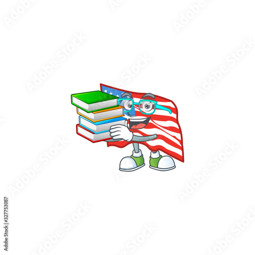 A brainy clever cartoon character of USA flag studying with some books