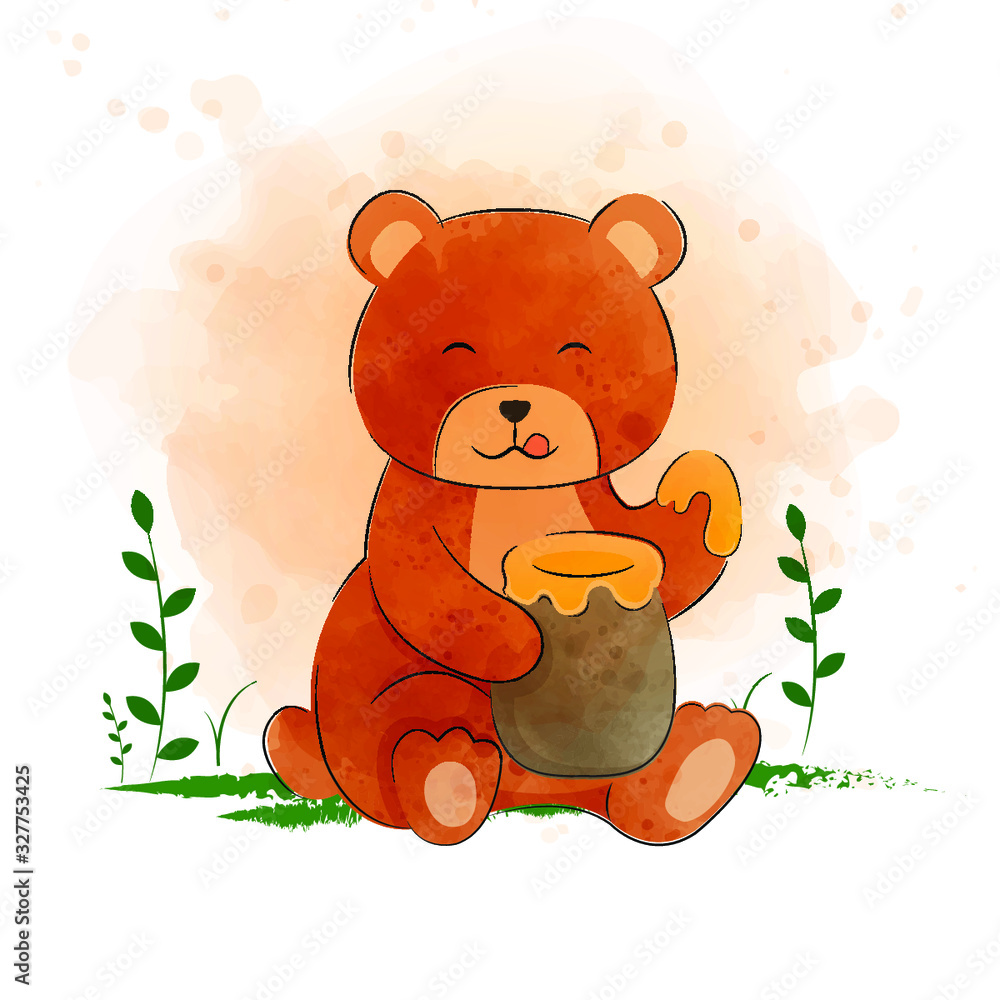 Cute teddy bears eat honey in jars Cute teddy bears eat honey in jars