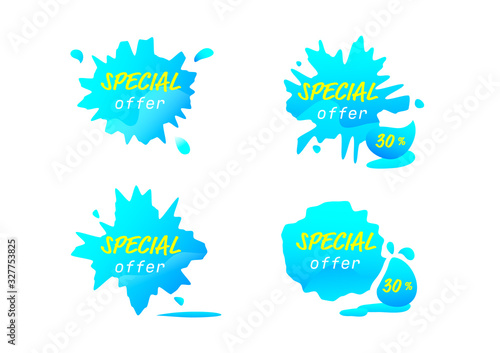 blue splash tag sale banner, waterdrop vectors or discount promotion element design with text box isolated on white background