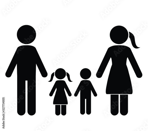 Stick figure family, mother, father, son, daughter together hold hands