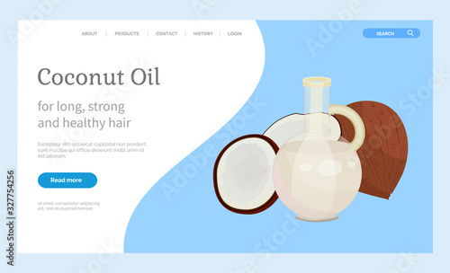 Ecologically friendly and organic coconut oil used in beauty and cosmetics for hair and skin treatment. Jar with essence for massage or body. Fresh tropical fruit poster with sample text, vector