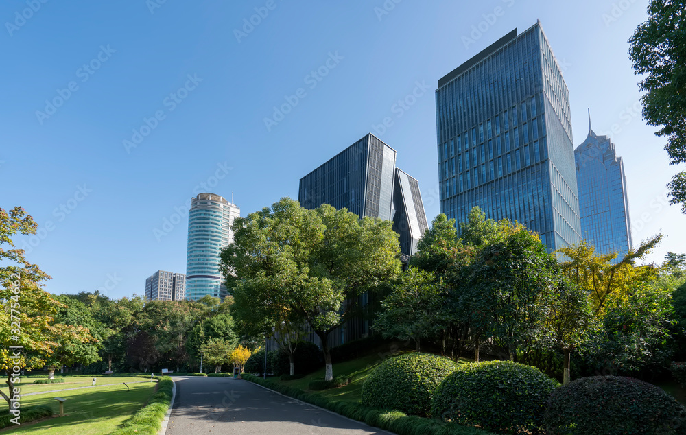 Obraz premium Park forest and urban architecture landscape of Ningbo..