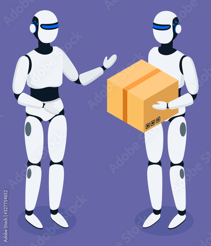 Logistics of future, robots assisting in shipment and delivery services. Robotic courier with parcel for customer of shop. Innovative technologies, transportation of orders. Vector in isometric style