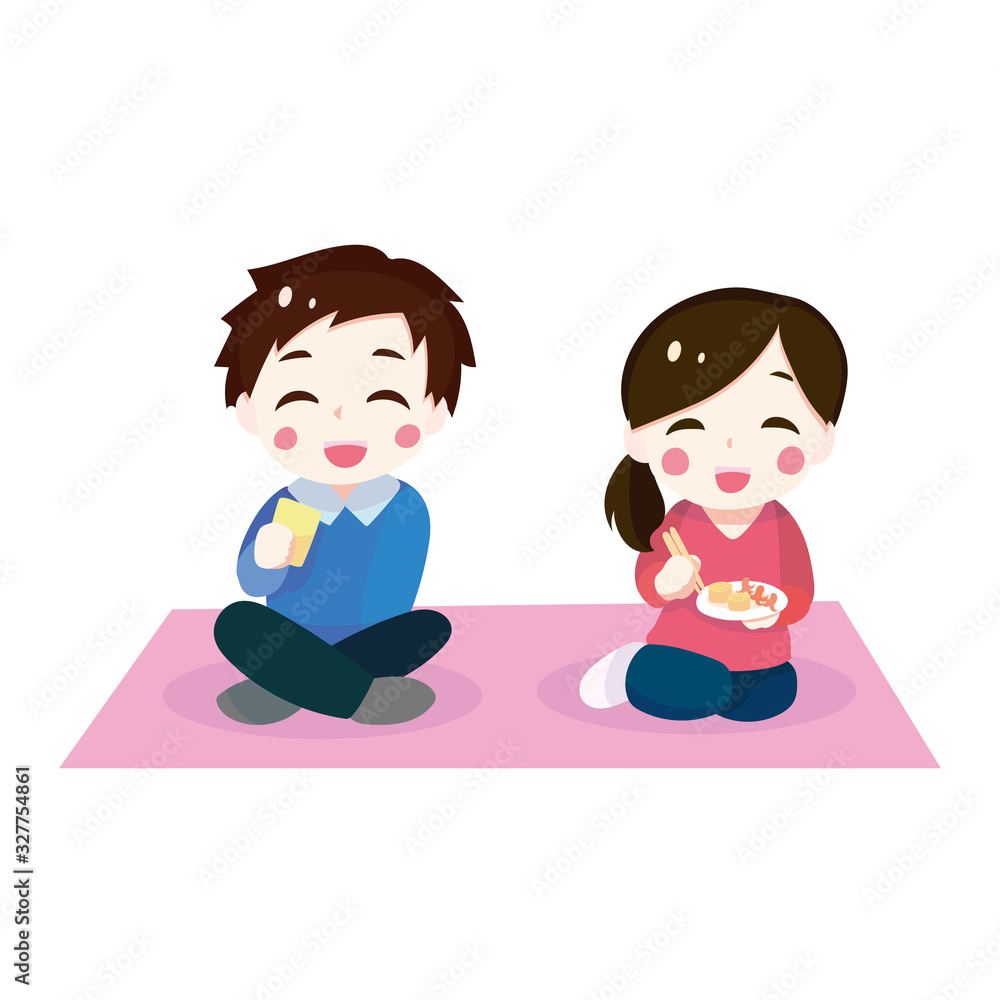Fototapeta premium Illustration of a woman and a man Sitting and Eating a Onigiri