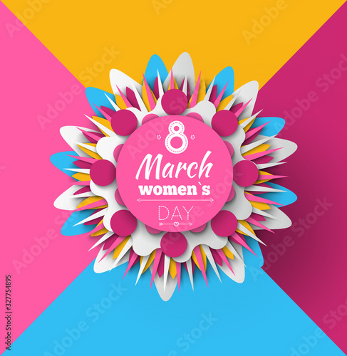 Womens day, 8 March, international holiday, spring greeting card, square and bright postcard decorated by flower origami, poster with blossom vector