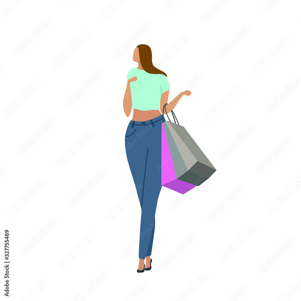 Vector illustration of beautiful girl character going shopping with purchase 