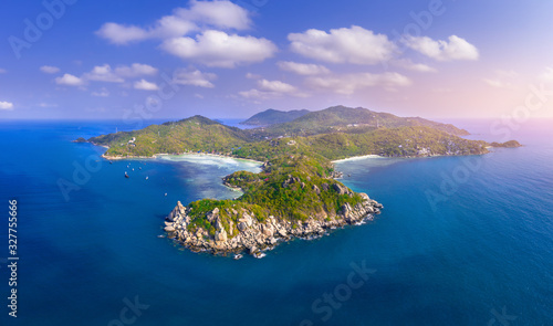 View of Koh Tao from the South looking North, Drone Aerial Shot with Copy Space blue green turquoise landscape panorama.