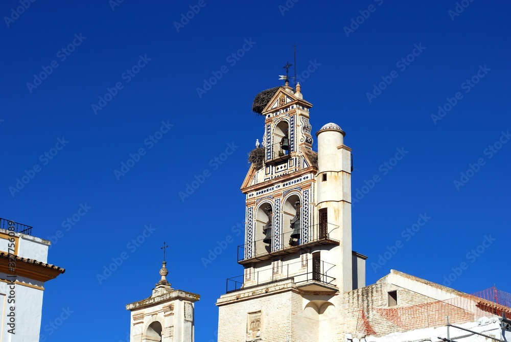 Storks nesting on the bell tower of the San Francisco church (Iglesia San Francisco) in the Plaza de Espana, Ecija, Spain.