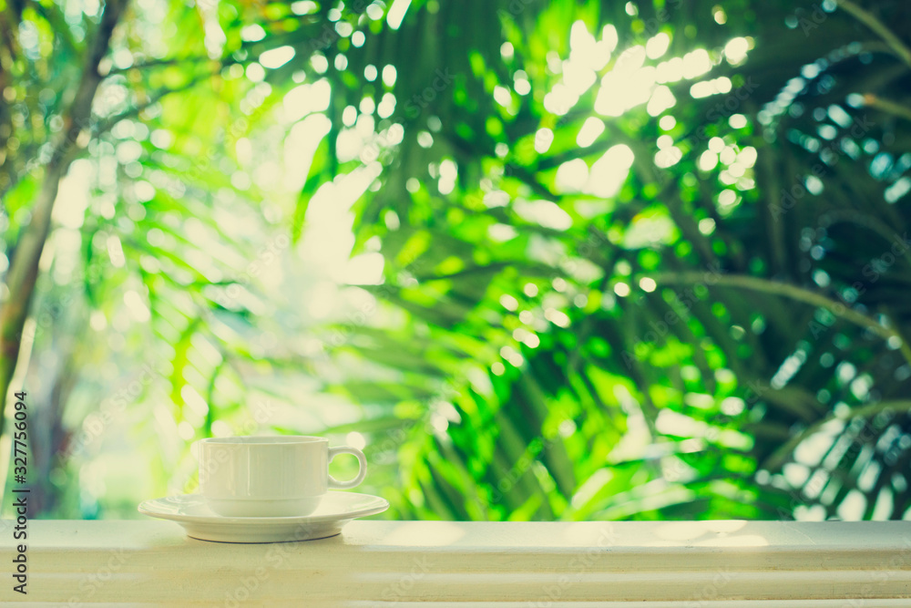 Coffee cup outdoor - window view tropic palm tree sunlight in the morning - obrazy, fototapety, plakaty 