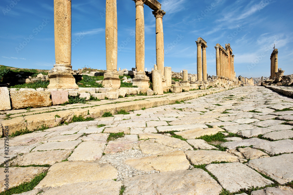 Columns and old street of ruined Greco-Roman city of Gerasa
