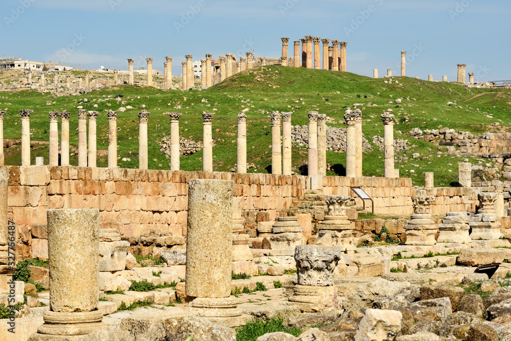Columns and wall of ruined Greco-Roman city of Gerasa