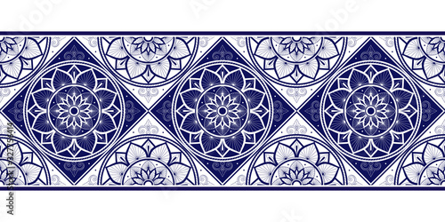 Tile border pattern vector seamless. Ceramic mandala ornament texture. Portuguese azulejos, sicily italian majolica, mexican talavera, spanish mosaic, moroccan, delft dutch motifs.