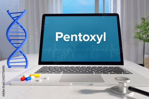 Pentoxyl – Medicine/health. Computer in the office with term on the screen. Science/healthcare