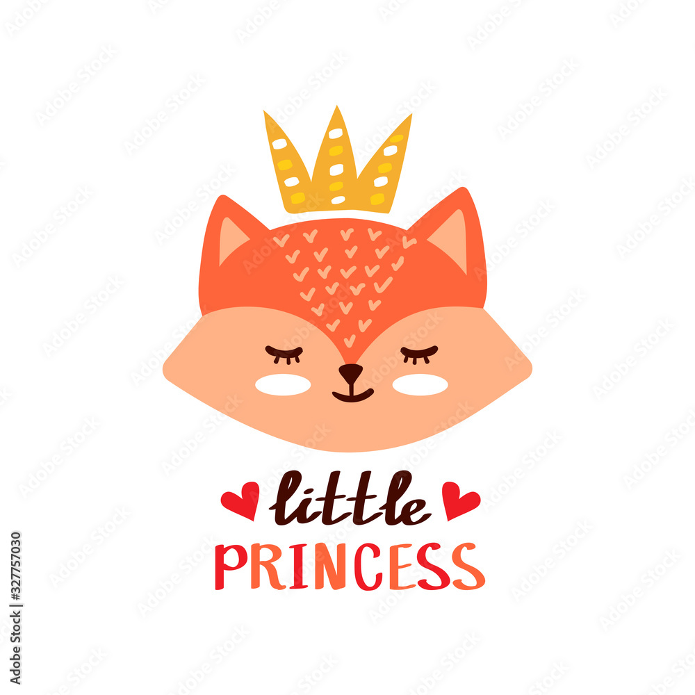 Hand drawn vector illustration of a cute fox face in a crown, with lettering quote Little princess. Scandinavian style flat design. Concept for children print. Hand drawn vector illustration of a cute fox face in a crown, with lettering quote Little princess. Scandinavian style flat design. Concept for children print.