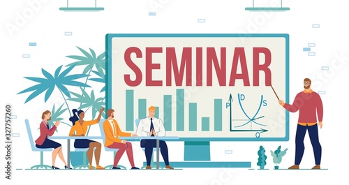 Online Business Seminar, Coaching or Training Course for Entrepreneur. Speaker Presenting Lecture on Computer Monitor for Diverse Multiracial Audience. Presentation Conference. Tropical Background