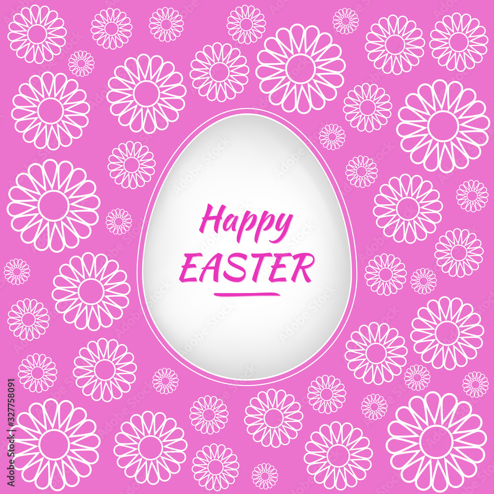 Happy Easter pink background with chamomile flowers and holiday greetings in egg frame. Vector illustrations are perfect for collage creation, banner design, wish decorations, albums, greeting cards.