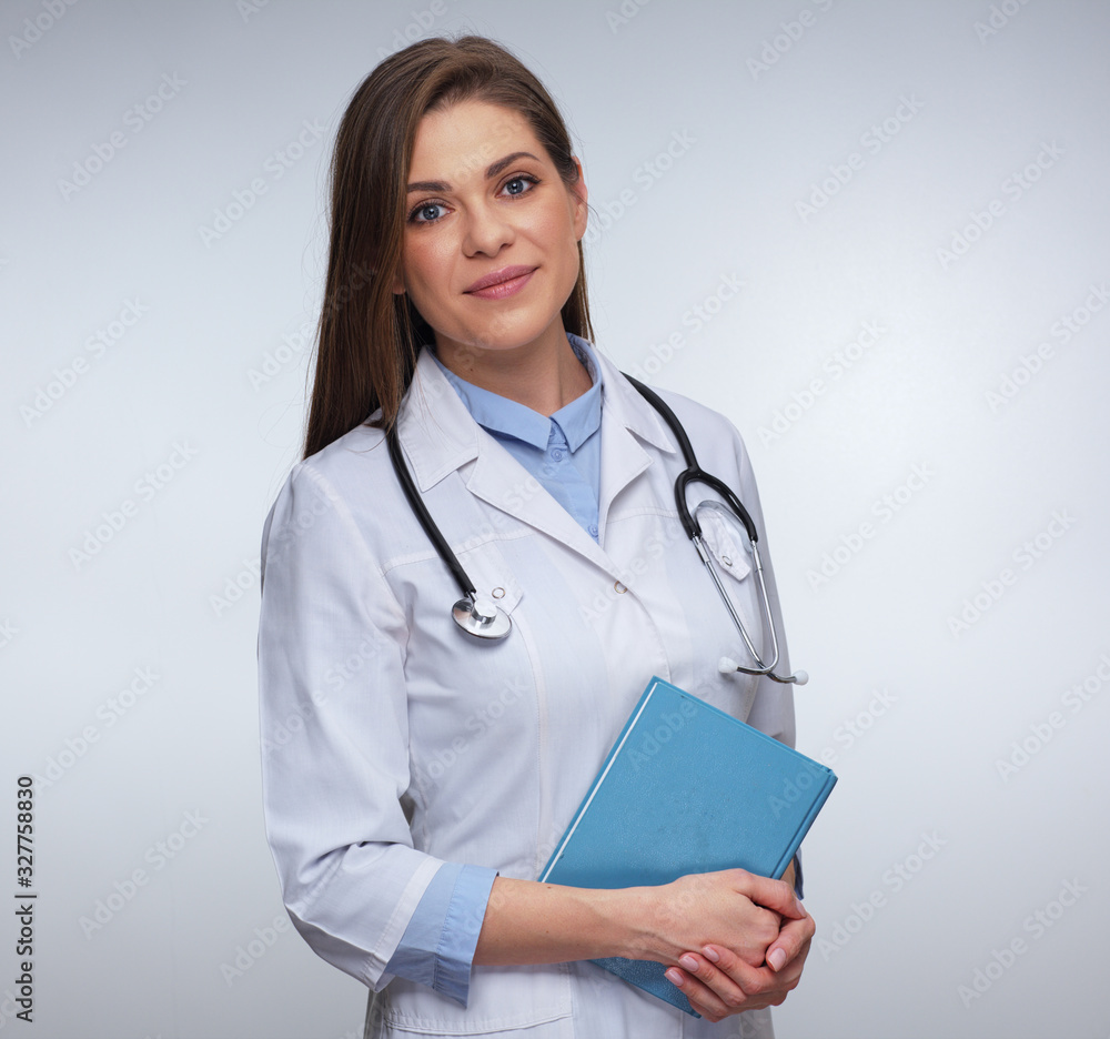 Medical worker woman doctor holding journal or book. Medical worker woman doctor holding journal or book.