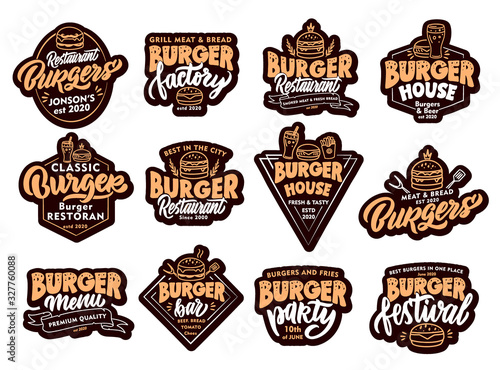 Set of Burger, fast food stickers, patches. Colorful badges, emblems, stamps on white background.