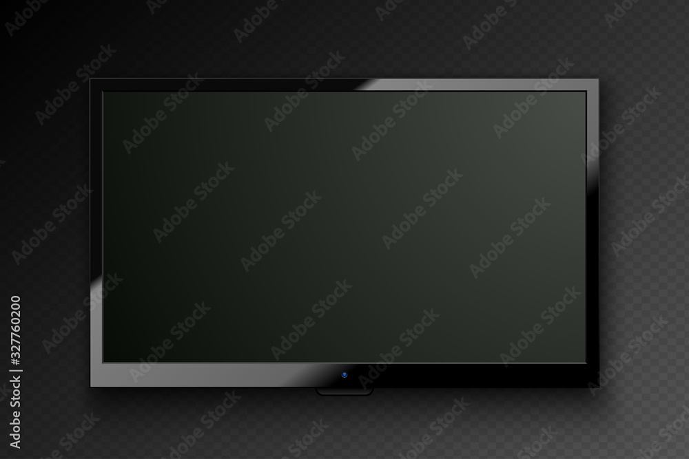 Vector realistic TV led screen isolated on dark transparent background. Modern stylish lcd panel. Computer monitor display mockup. Blank television graphic design element for catalog, web, as mock up Vector realistic TV led screen isolated on dark transparent background. Modern stylish lcd panel. Computer monitor display mockup. Blank television graphic design element for catalog, web, as mock up