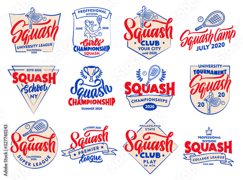 Set of vintage Squash emblems and stamps. Colorfuls port badges, stickers on white background.