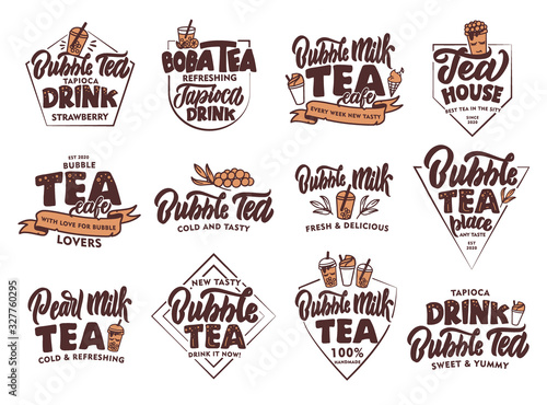 Set of vintage Cold Bubble tea emblems and stamps. Colorful badges, stickers on white background isolated.