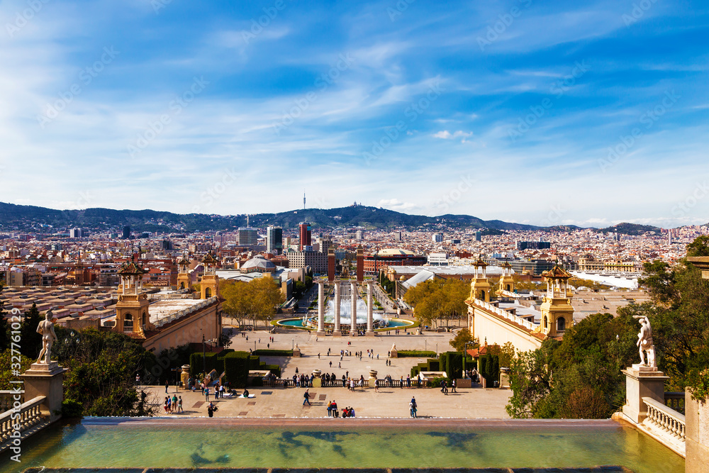 View of Barcelona and esplanade-avenida by queen Mary-Christina from the national Palace, Barcelona, Catalonia, Spain
