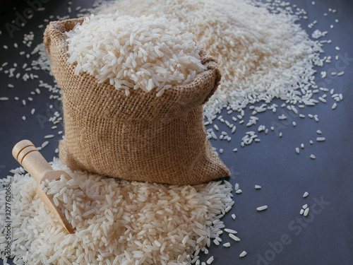 Rice in a sack on a black background