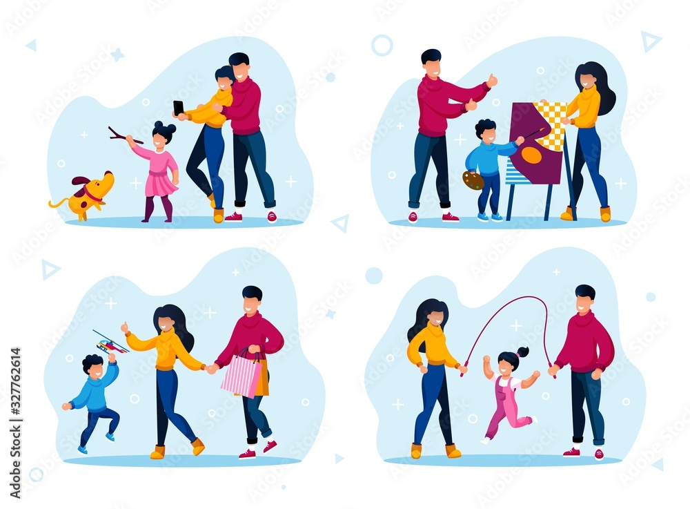 Fototapeta premium Happy Family Life Situations, Parenthood Worries, Child Education Trendy Flat Vectors Set. Parents and Child Walking with Pet, Drawing Painting, Jumping on Rope, Shopping Together Illustrations