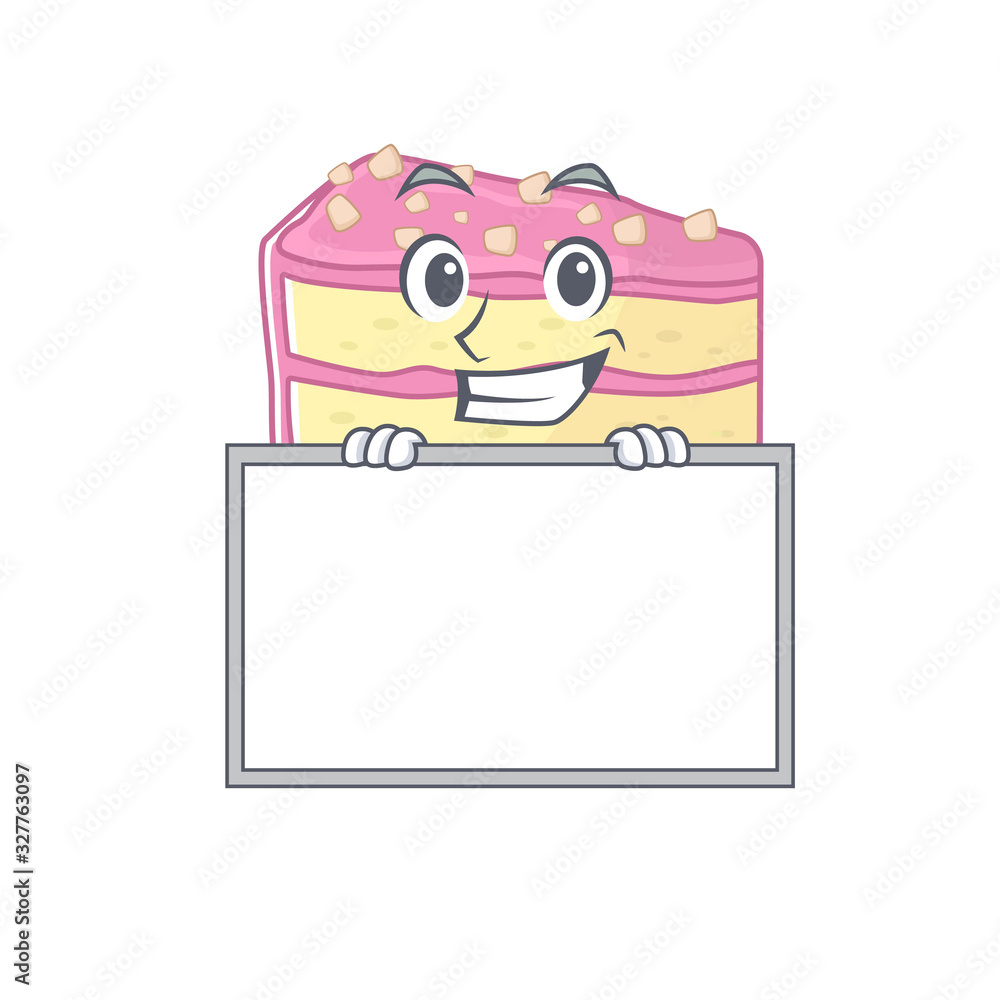 Strawberry slice cake cartoon design concept grinning with board