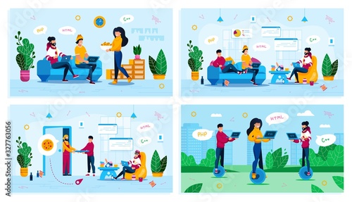 Freelancers Distant Work, IT Profession Online Education, Startup Team Trendy Flat Vector Concepts Set. Programmers Working at Home, Ordering Pizza, Web Developers Working in City Park Illustration