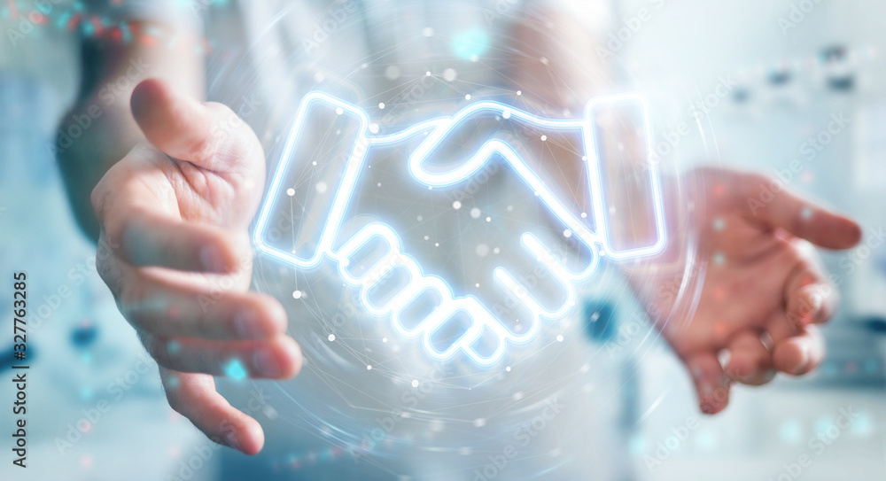 Man using partnership neon blue interface 3D rendering Man using partnership neon blue interface 3D rendering