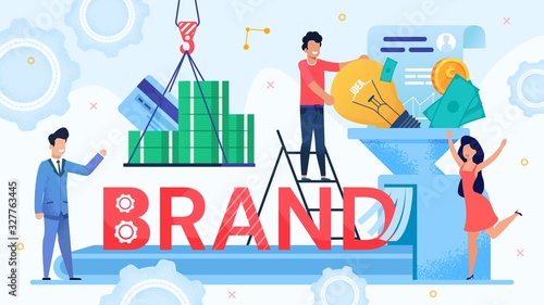 Brand Development and Marketing Funnel Design. Marketer Team Use Branding Tool and Resource as Money, Idea, Labor Investment for Trademark Promotion. Leader Control Process. Vector Illustration