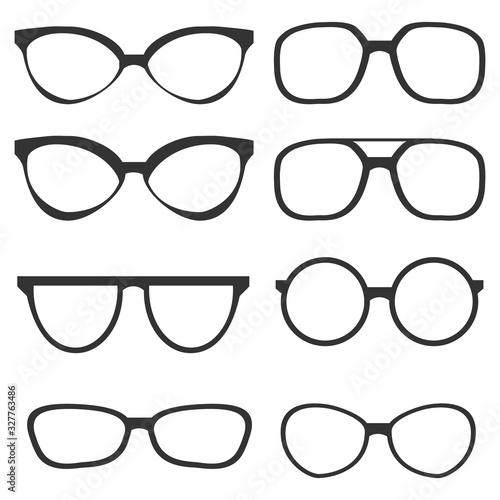 Glasses, glasses without glass, black eyeglass frame isolated on a white background. Vector, cartoon illustration.