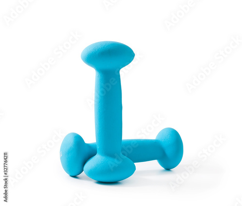 Fitness blue dumbbells isolated on a white background.