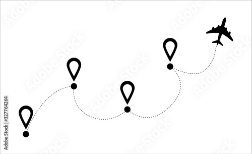 Airplane dotted route line. Flight tourism route path, plane flights itinerary starting pin to destination point or pathway map.