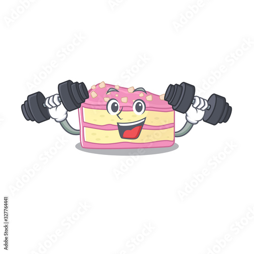 Sporty Fitness exercise strawberry slice cake mascot design using barbells