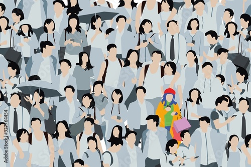 Girl standing out of the crowd wearing colorful clothes, people illustration
