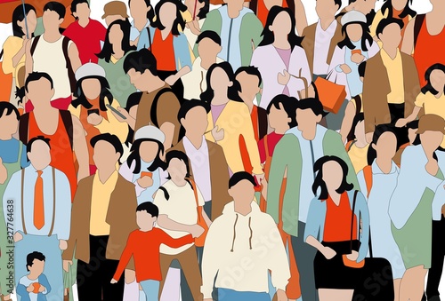 Crowd of people illustration.  Crowded group of men, women and children