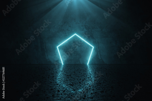 3d rendering of blue lighten hexagon shape on wet grunge floor