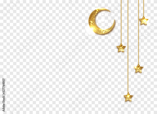 Ramadan gold decoration isolated on white background. Hanging Crescent Islamic with stars. Ramadan Kareem design element isolated. Vector frame for party posters, headers, banners.
