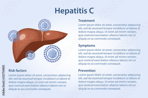 Hepatitis C of liver. Template with text describing symptoms, prevention, risk and treatment of disease. Vector illustration in flat style isolated on blue background.