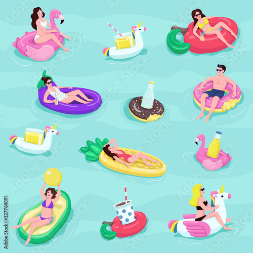 Pool party flat vector seamless pattern. People on air mattresses background. Inflatable water toys texture with cartoon color icons. Luxury sea resort wrapping paper, wallpaper design
