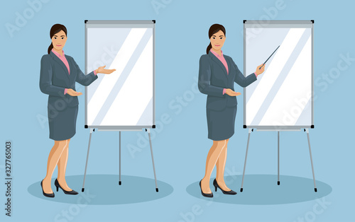 Young Asian business woman is pointing to flip chart. Smiling businesswoman standing is near to presentation whiteboard. Set of isolated vector illustration.