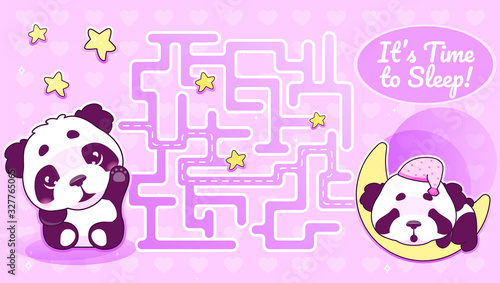 Its time to sleep labyrinth with cartoon character template. Waving panda find path maze with solution for educational kids game. Animal sleeping on crescent printable flat vector layout